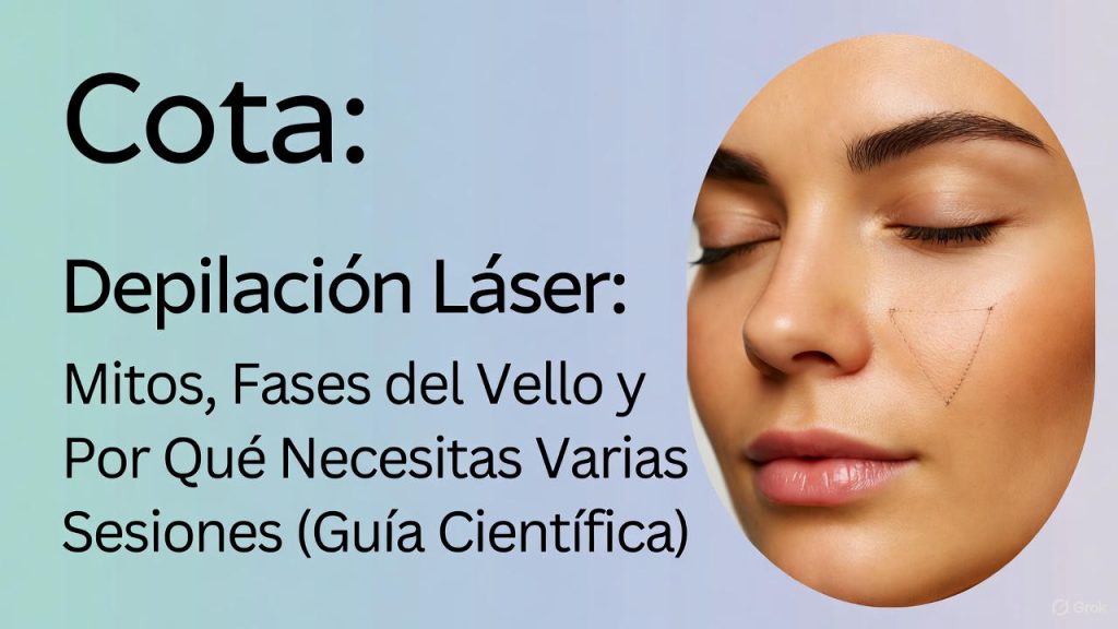 Banner de depilación láser con rostro femenino, artículo Cota sobre mitos, fases del vello y sesiones