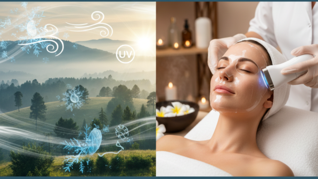 Mujer recibiendo tratamiento de hidratación facial profunda en spa en Cota, Colombia, rodeada de un entorno natural y relajante.