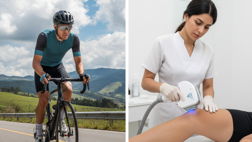 Deportista ciclista preparándose para una sesión de depilación láser en Cota para mejorar su rendimiento y recuperación muscular.