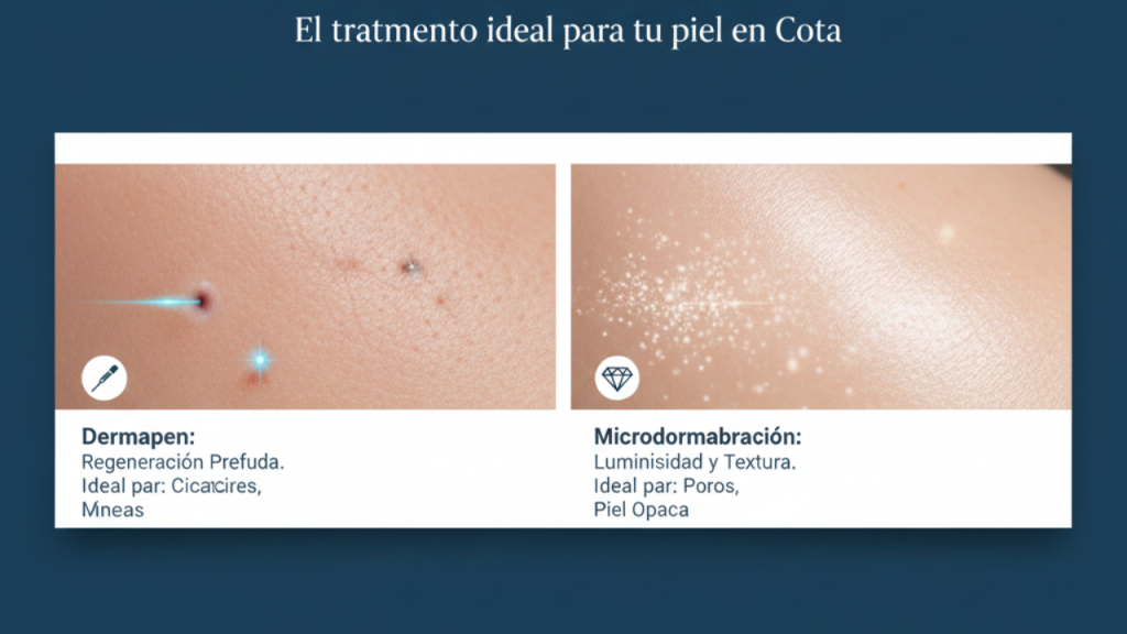 Comparativa de tratamientos faciales en Cota: a la izquierda aplicación de Dermapen para colágeno y a la derecha Microdermoabrasión para limpieza profunda.