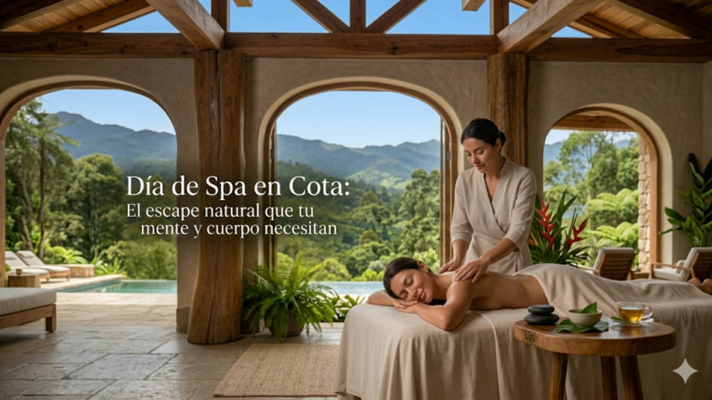 Una mujer recibiendo un masaje profesional con vista a las montañas del Cerro del Majuy en un spa de lujo en Cota, ilustrando un escape natural de bienestar.