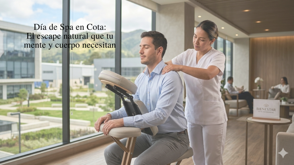 Un hombre de oficina recibiendo un masaje terapéutico en la espalda y hombros en Cota Empresarial, ilustrando el bienestar para el sector industrial.