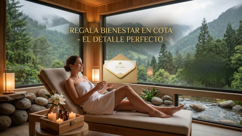 Mujer relajada en un diván de descanso sosteniendo un sobre dorado con un bono de regalo de Spa Yudi Torres Cota, con el paisaje verde de la Sabana de fondo.